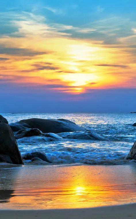 beach rocks sea sunset photo wallpaper