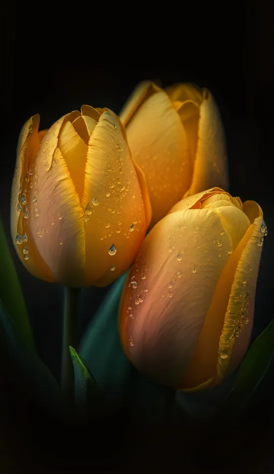 plant yellow tulips dewdrops wallpaper