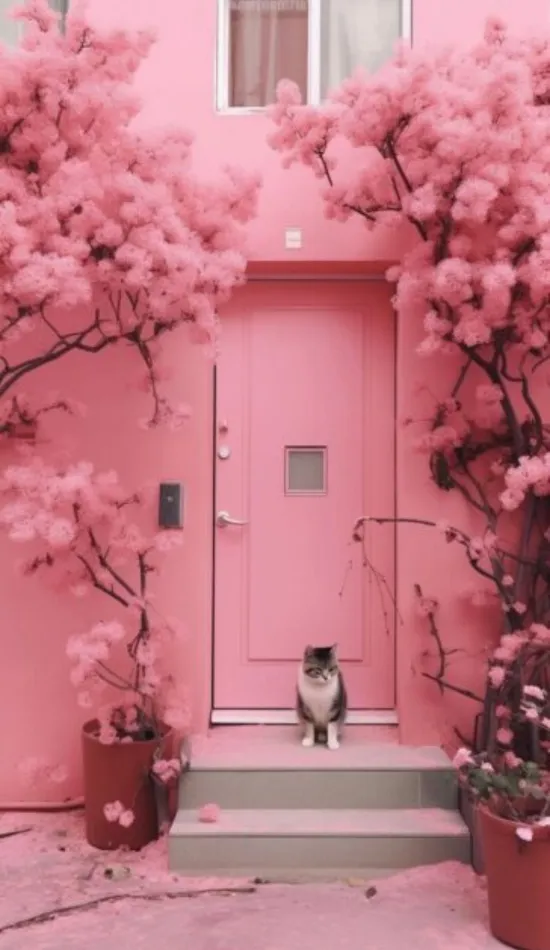 aesthetic pink cat and door wallpaper