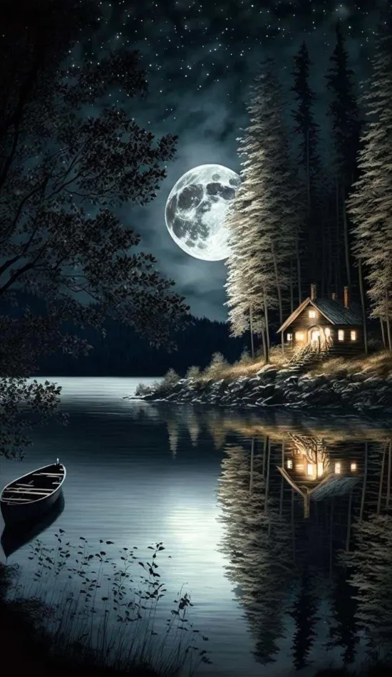 thumb for Lake Side House Moon Night Wallpaper