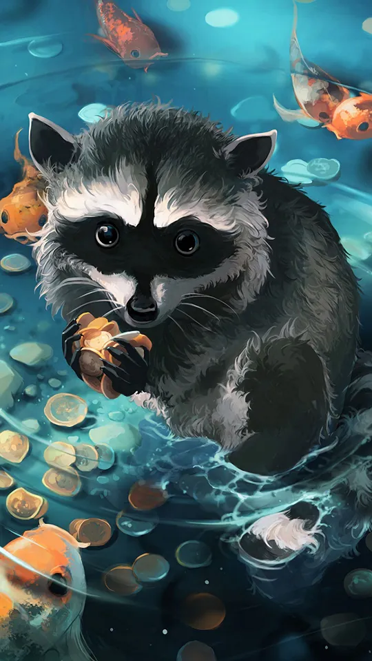 raccoon art coins water wallpaper