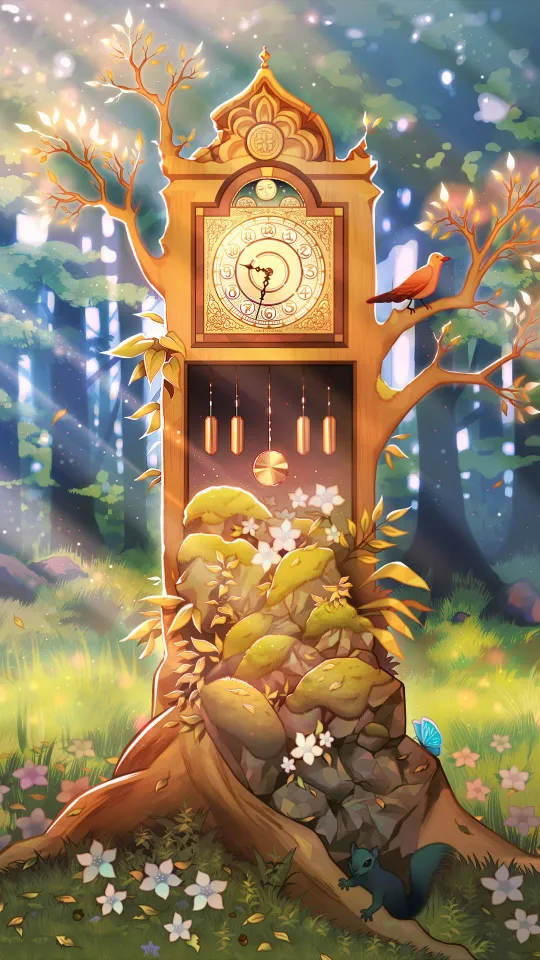 clock tree art forest wallpaper