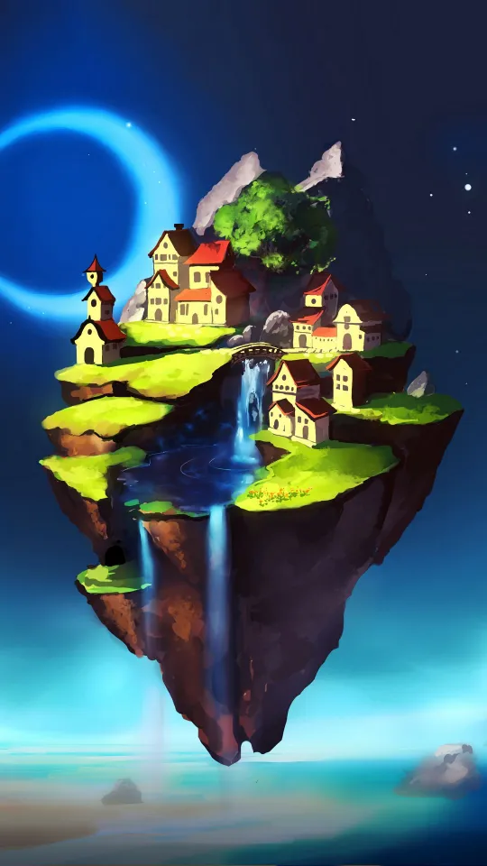fantasy island city waterfall wallpaper