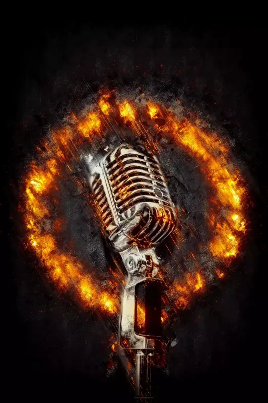 vintage microphone in flames wallpaper