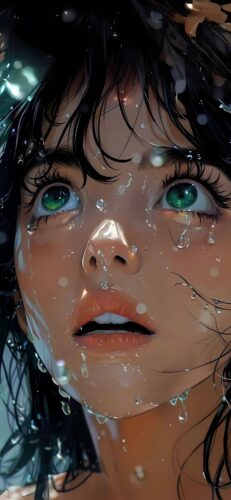 Anime Girl Green Eyes Dark Hair Water Droplets Wallpaper