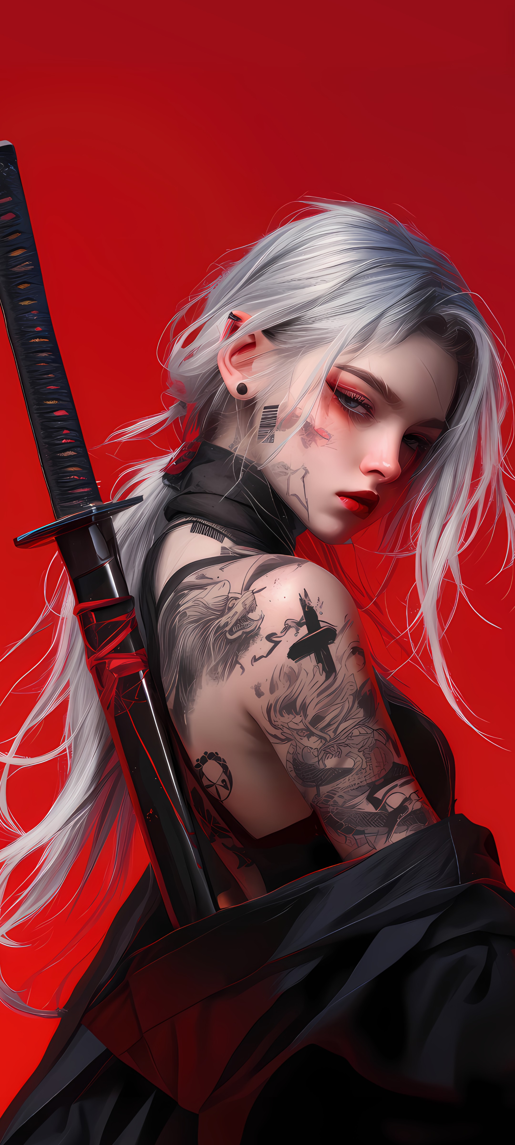 Cute Anime Tatto Girl With Katana Wallpaper