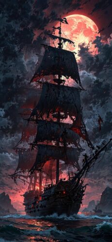 Ghostly Pirate Ship Dark Clouds Moon Wallpaper
