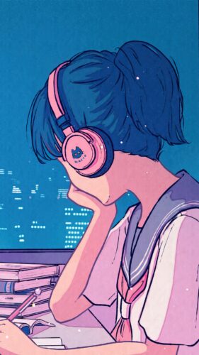 Lo fi Anime Girl listening Music Wallpaper