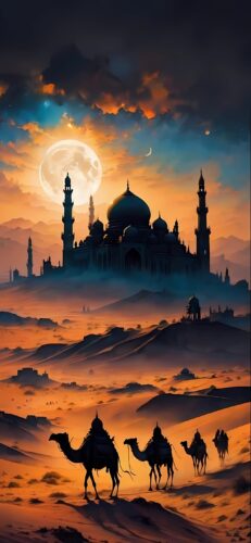 Mosque Desert Camels Wallpaper