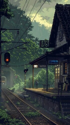 Rainy Anime Rail Station Scene Wallpaper