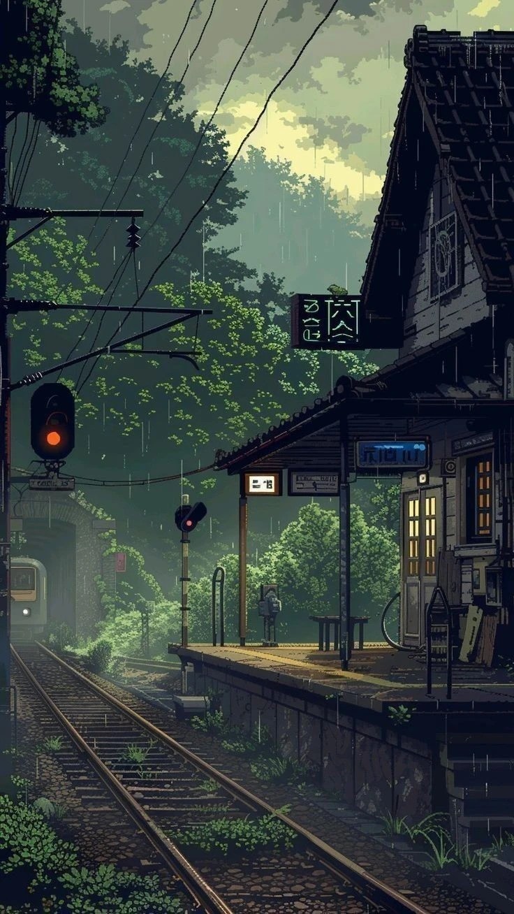 Rainy Anime Rail Station Scene Wallpaper