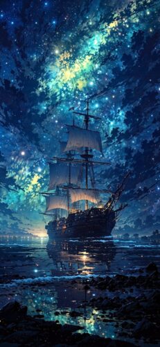 Ship Starry Night Sky Wallpaper